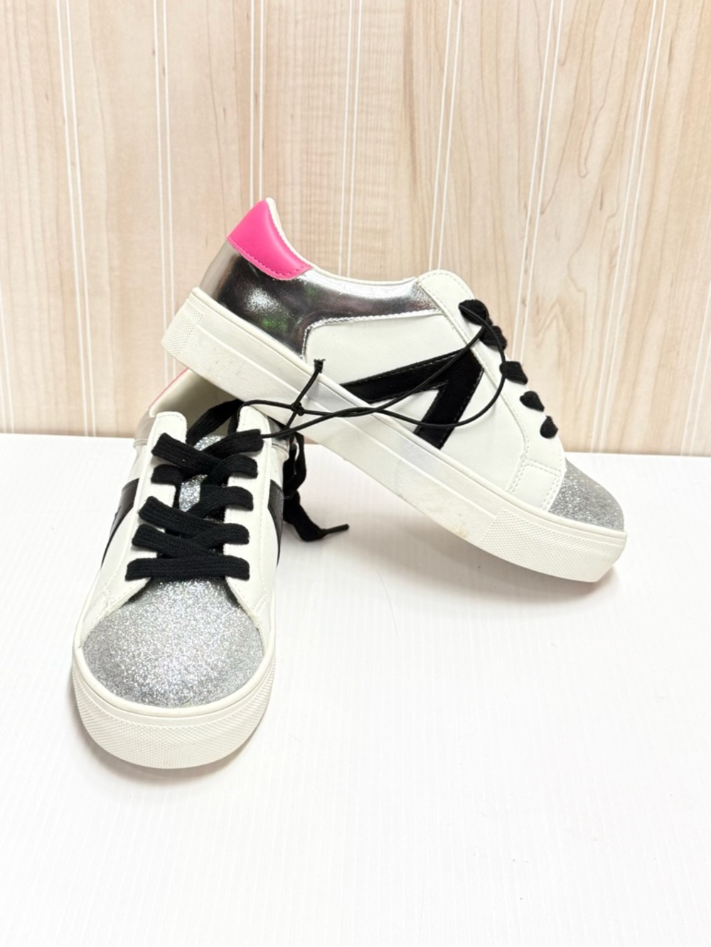 Kids Glitter Toe Lace-Up Sneakers - Silver/Black